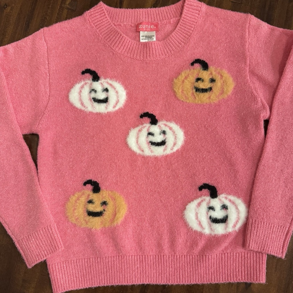 Zunie Girls Fuzzy Halloween Pumpkin Sweater Hot Pink Size Small 6/6x